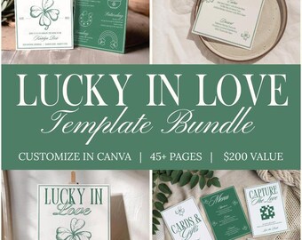 May include: A selection of green and white wedding stationery templates featuring a clover design. The templates include invitations, menus, and signage, with the text "Lucky in Love" and "Customize in Canva". The bundle includes 45+ pages.