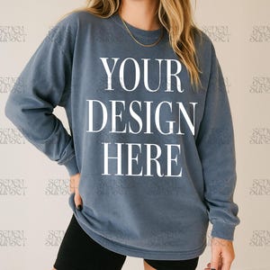 Long Sleeve Comfort Colors Mockup Blue Jean 6014 Mockup Comfort Colors 6014 Mock Oversized Long Sleeve Mockups Trendy 6014 Blue Jean Mockup