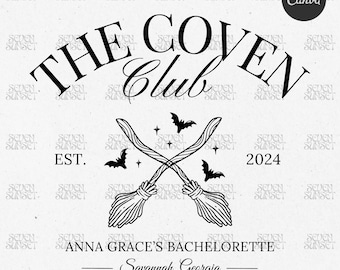 Plantilla de logotipo de despedida de soltera de Halloween The Coven Club PNG Plantilla Spooky Bach Canva Diseño de camiseta de Bride's Coven Archivo editable de Witchy Bach Club