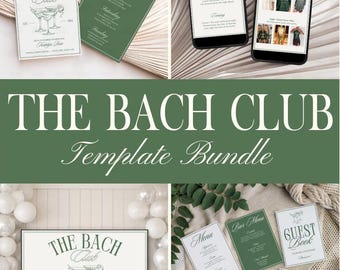 May include: A collection of wedding-themed stationery and digital templates. Includes a large sign, menu cards, guest book, and phone mockups. The color scheme is white and green, with the text "The Bach Club" and "Weekend Itinerary".