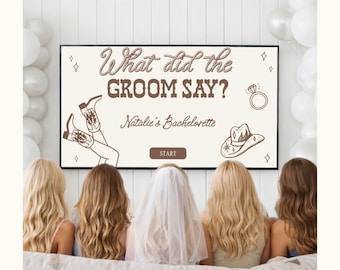 Western Bachelorette Game, What Did The Groom Say, Cowgirl Bach Trivia, Editable Canva Template, Bride's Last Rodeo Games