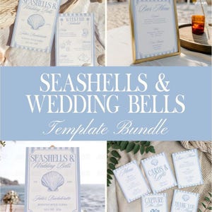 May include: A collection of wedding stationery templates with a seashell theme. The designs feature a light blue and white color scheme with seashell illustrations and the text "Seashells & Wedding Bells". Includes bar menus, event schedules, and thank you cards.