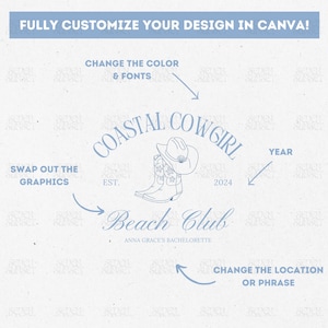 May include: A blue and white graphic design for a bachelorette party. The design features a pair of cowboy boots with a cowboy hat on top, the text "Coastal Cowgirl Beach Club", and the year "2024".