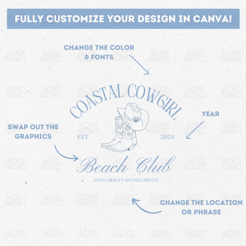 May include: A blue and white graphic design for a bachelorette party. The design features a pair of cowboy boots with a cowboy hat on top, the text "Coastal Cowgirl Beach Club", and the year "2024".