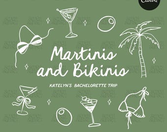 Martinis And Bikinis Bachelorette Theme Template, Beach Bachelorette Logo Design, Editable Canva Template, Tinis & Kinis, Custom Canva Logo