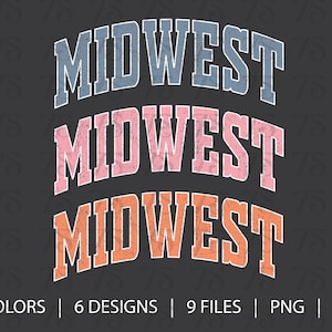 Puede incluir: Tres imágenes apiladas de la palabra "MIDWEST" en una fuente desgastada. La imagen superior es azul, la imagen del medio es rosa y la imagen inferior es naranja. El fondo es negro.