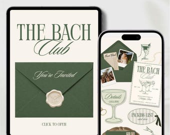 May include: A digital bachelorette website invitation template displayed on a tablet and smartphone. The design features a dark green envelope with a wax seal, martini glass graphics, and text including The Bach Club, You're Invited, and RSVP.