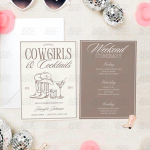 May include: A tan and brown invitation with a western theme. The invitation says "A Weekend of Cowgirls & Cocktails" with a drawing of cowboy boots and a hat. The invitation also includes a weekend itinerary with the days Friday, Saturday, and Sunday.