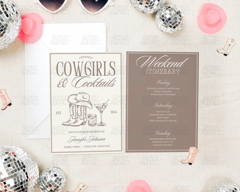 May include: A tan and brown invitation with a western theme. The invitation says "A Weekend of Cowgirls & Cocktails" with a drawing of cowboy boots and a hat. The invitation also includes a weekend itinerary with the days Friday, Saturday, and Sunday.