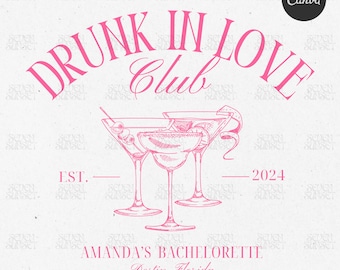 Logotipo de despedida de solteira bêbado no amor Design de camisa do Bach Social Club Modelo editável do Canva Coquetéis personalizados Design de clube de meninas de despedida de solteira