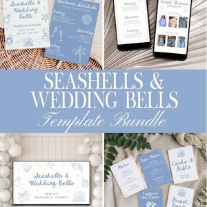 May include: A template bundle with a seashell and wedding theme. The image includes invitations, a weekend schedule, phone mockups, and various menu and card designs. The color scheme is primarily white and light blue.