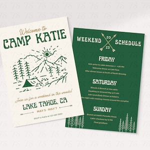 Camp Bachelorette Invite Template, Editable Canva Template, Wild In The Woods Bach, Lake Bachelorette Itinerary, Bride&#39;s Last Trail Invite