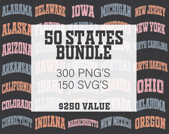 Paquete PNG de 50 estados / Chica cocotera moderna SVG / Fuente universitaria atlética / Sublimación retro / Descarga digital de impresión a pedido / Imágenes prediseñadas de EE. UU.