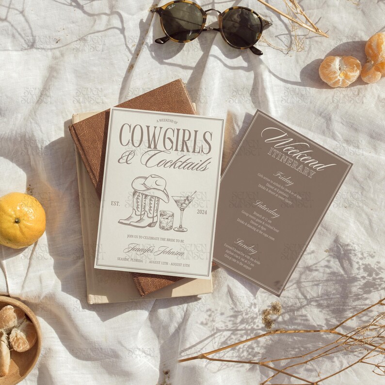 May include: A tan and brown invitation card with the text "Cowgirls & Cocktails" and a drawing of cowboy boots and a cocktail glass. The card is on a white surface with a pair of sunglasses and a small orange.