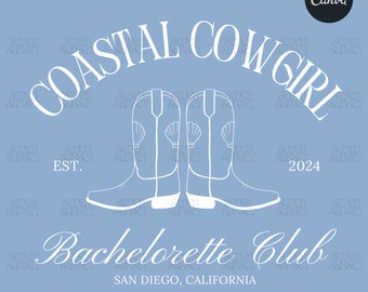 Logotipo de despedida de soltera de Coastal Cowgirl Diseño de camiseta de despedida de soltera de Coastal Cowgirl Girls Club Plantilla Canva editable