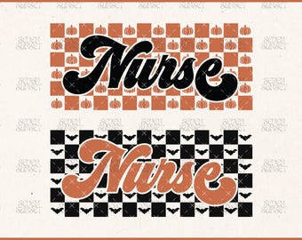 Nurse Halloween PNG, Fall Nurse SVG, Halloween Nurse PNG, Cute Pumpkin Nurse Design, Retro Checkered Nurse Svg, Spooky Nurse Png Bundle