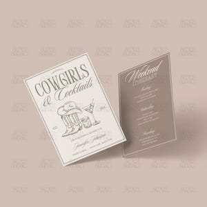 May include: Two cream-colored cards with brown text and illustrations. The first card says "A weekend of Cowgirls & Cocktails" with a drawing of a cowboy hat, boots, and a cocktail glass. The second card says "Weekend Itinerary" with the days of the week listed.