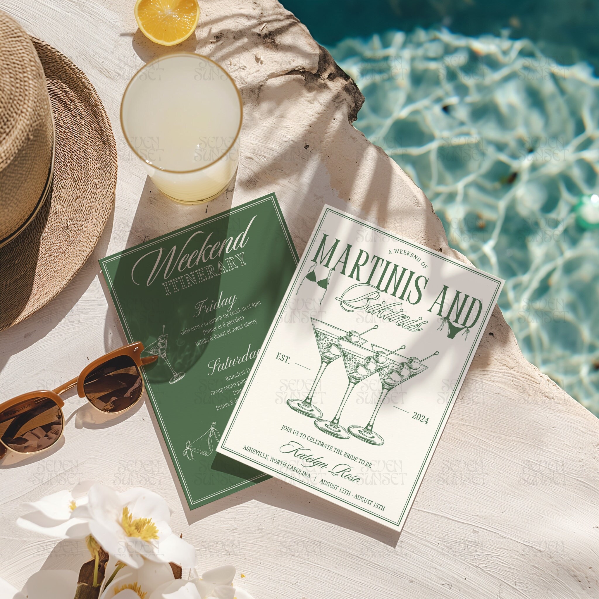 Bikinis And Martinis Bachelorette Invitation Tinis & Bikinis Itinerary Classy Hen Party Invite Dirty Martini Bach Club Beach Canva Template