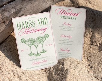 Invitación de matrimonio y margaritas Itinerario de despedida de soltera Plantilla Pink Bach Club Invitación elegante a fiesta de despedida de soltera con tequila