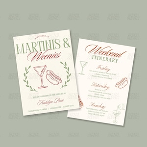 Martinis And Weenies Bachelorette Invitation Tinis & Weenies Itinerary Canva Invite Dirty Martini And Hot Dog Theme Birthday Invite Template