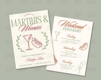 Martinis And Weenies Bachelorette Invitation Tinis & Weenies Itinerary Canva Invite Dirty Martini And Hot Dog Theme Birthday Invite Template