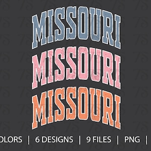 Trendy Missouri PNG SVG | Athletic Varsity Font | Missouri Shirt Design | Distressed State PNG | Digital Download | Girly Aesthetic Graphic