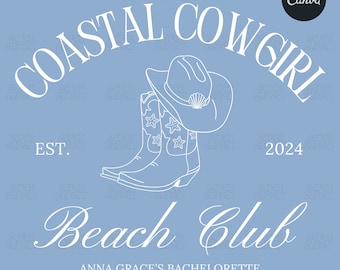 Logotipo de despedida de soltera de Coastal Cowgirl Diseño de camiseta de despedida de soltera de Coastal Cowgirl Girls Club Plantilla Canva editable