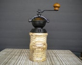 Antique Style Hand Crank Coffee Grinder Made From Antique Copper and Spalted Hackberry Wood. Ceramic Grinding Mechanism.