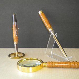 Pen Letter Opener Magnifying Glass Matching Set. Top of the Line, Gold and Rhodium Plated Turned  from Beautiful Mallee Burl