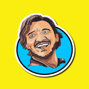 May include: A sticker showing a smiling man with brown hair and a beard. The man is illustrated in a cartoon style, with a white border around the image. The background is a bright yellow.