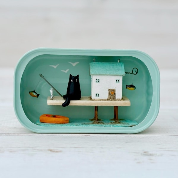 Gone Fishing. Cat Cottage. Handmade Driftwood Scene in a Sardine Tin.