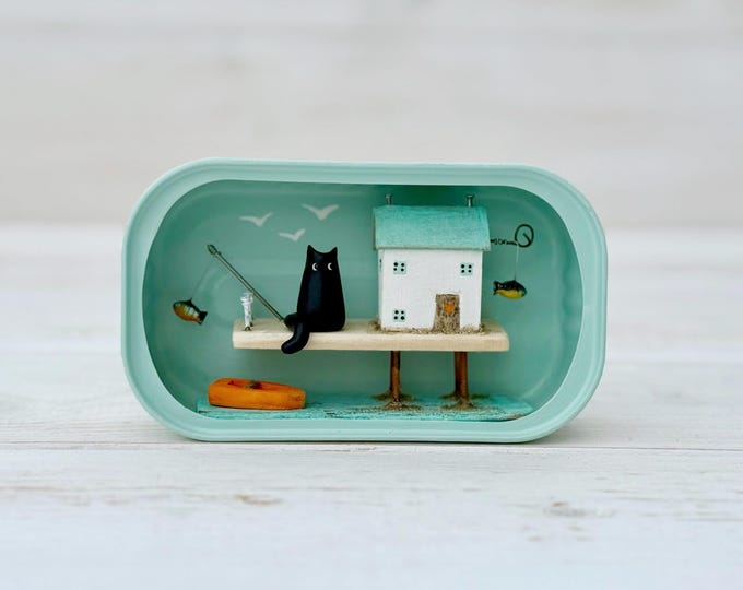 Gone Fishing. Cat Cottage. Handmade Driftwood Scene in a Sardine Tin.