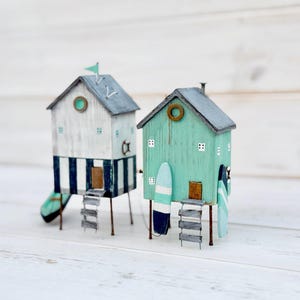 Handcrafted Miniature Beach Houses with Surfboards - Nautical Decor Set
