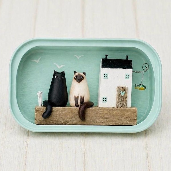 Sardine Tin Cat Cottage Featuring Two Personalised Cats