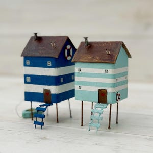 Handcrafted Miniature Beach Houses with Rowboat - Nautical Decor Set