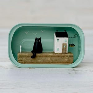 Sardine Tin Cat Cottage.  Personalised Cat / Cats. Driftwood scene.