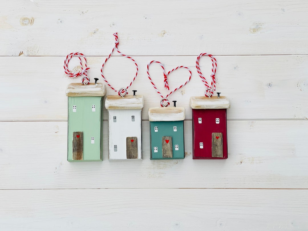 Rustic Festive Cottages. Hanging Ornaments. Set of 4. Etsy