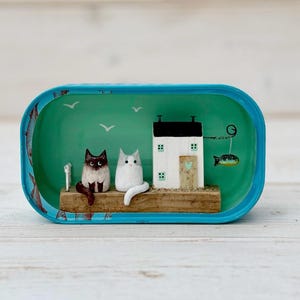 Sardine Tin Cat Cottage Featuring Two Personalised Cats