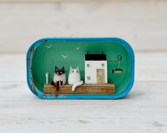 Sardine Tin Cat Cottage Featuring Two Personalised Cats