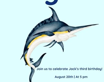 Puede incluir: Invitación de cumpleaños azul claro con una ilustración de acuarela de un marlín. El texto "O-Fish-Ally 3" está arqueado en la parte superior. La invitación incluye detalles del evento: fecha, hora, lugar e información de RSVP.