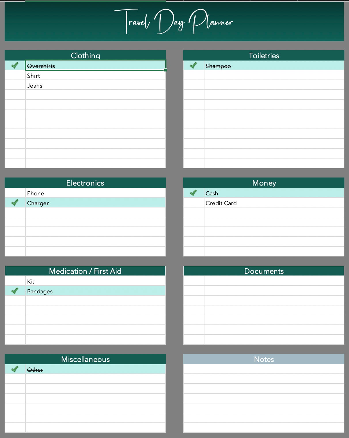 Travel Planner Excel Spreadsheet, Travel Itinerary, Travel Budget