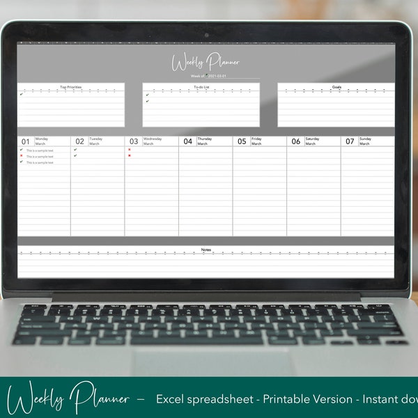 Weekly Planner Template, Excel Template with Automated Dates, Fully Editable, Printable Planner, Set to Any Dates, Instant Download, 2021