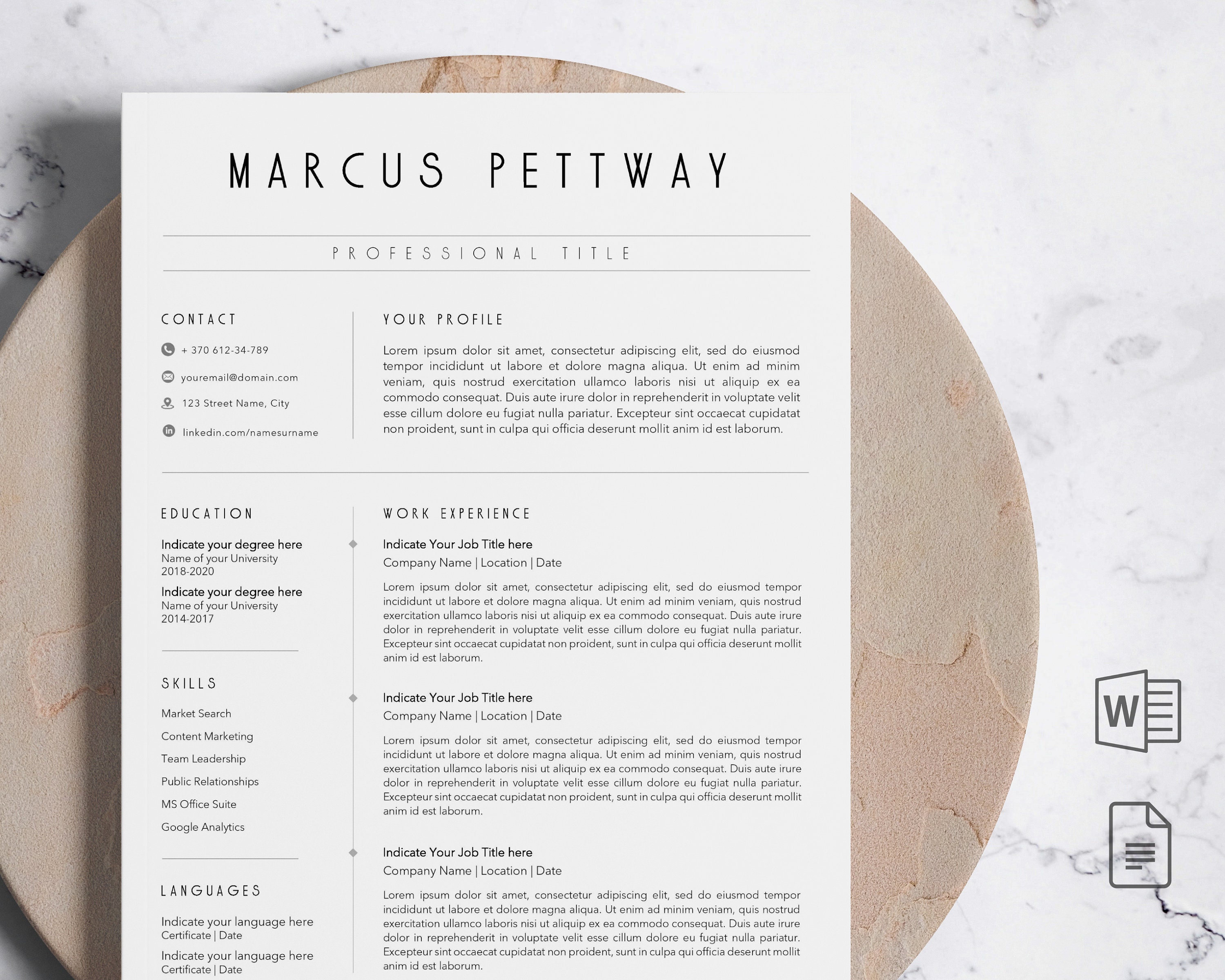 Executive Resume Template for Word & Google Docs Minimal - Etsy