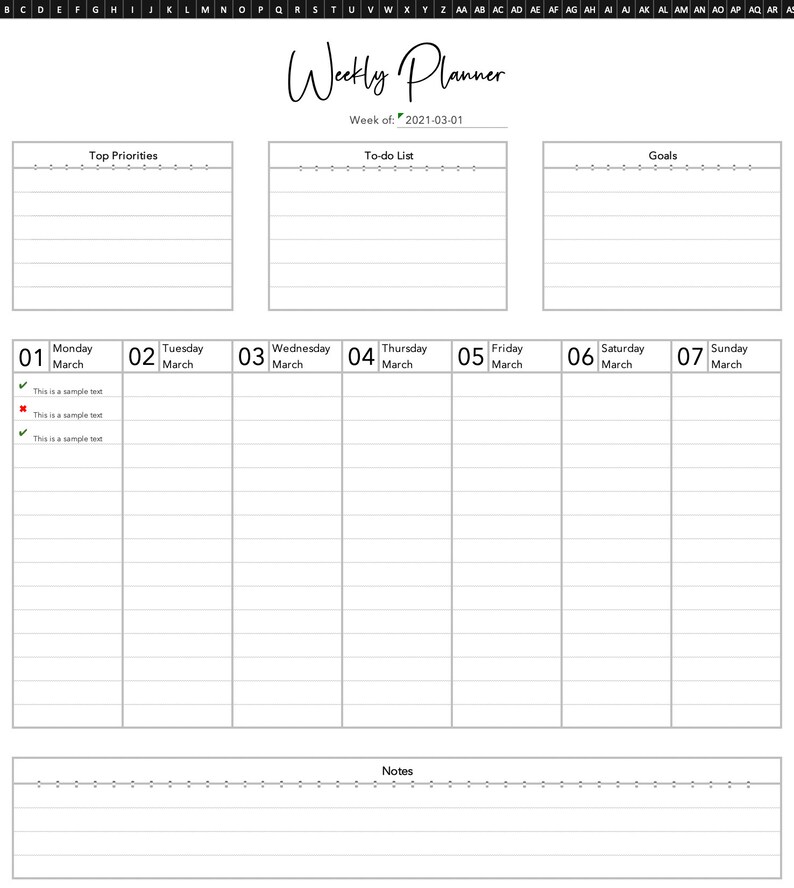Weekly Planner Template Excel Template With Automated Dates Etsy