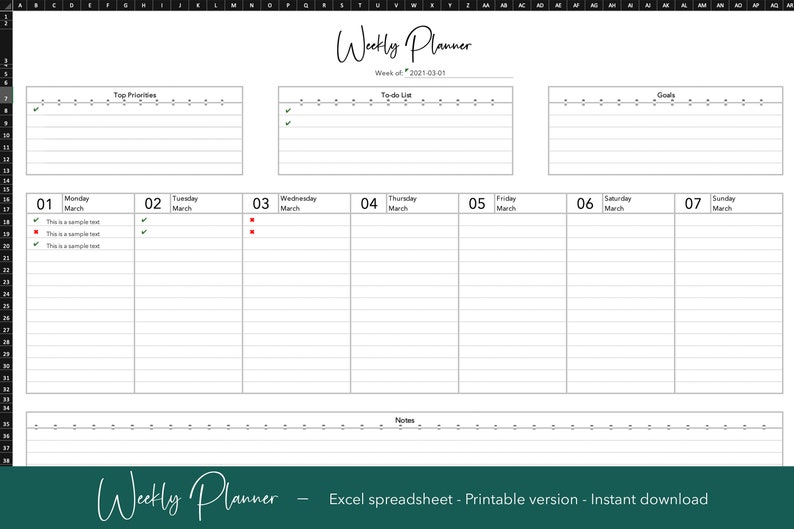 Weekly Planner Template Excel Template With Automated Dates Etsy