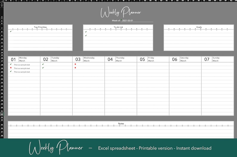 Weekly Planner Template Excel Template With Automated Dates Etsy