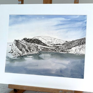 Original signed watercolour/ pen and ink landscape illustration of Lulworth Cove in Dorset.