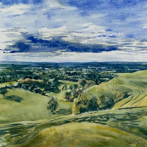 May include: A watercolour painting depicting a landscape with green hills and a valley beneath a cloudy blue sky. The artwork uses greens, blues, and browns to create a tranquil outdoor scene. The artist's signature is visible in the bottom right corner.