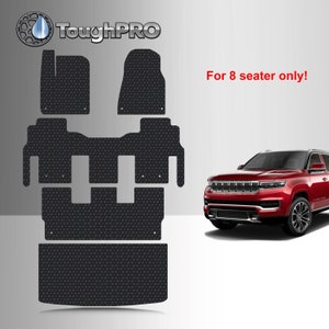 May include: Black all-weather floor mats for an 8-seater vehicle. The mats are made of a durable, textured material and feature the ToughPRO logo. "For 8 seater only!" is written in red text.