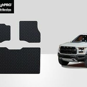 May include: Black floor mats for a Ford F-150 pickup truck. The mats are made of a durable rubber material and feature a textured surface. The mats are designed to fit the contours of the truck's floor and help protect it from dirt, spills, and wear and tear. The mats are also easy to clean and maintain. ToughPRO Custom Fit Design.